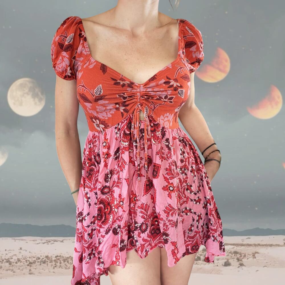 Free People Mini Dress/Tunic L Pink Red Floral Babydoll Fairy Boho Cottagecore
